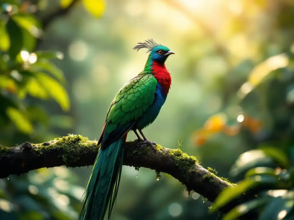 Resplendent Quetzal met smaragdgroene veren en rode borst op bemoste tak in Costa Ricaans regenwoud