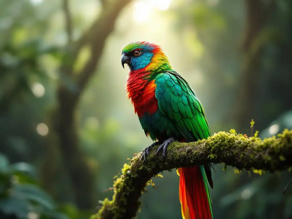 Mannelijke quetzal met smaragdgroene veren en rode borst op mostak in Costa Rica's nevelwoud