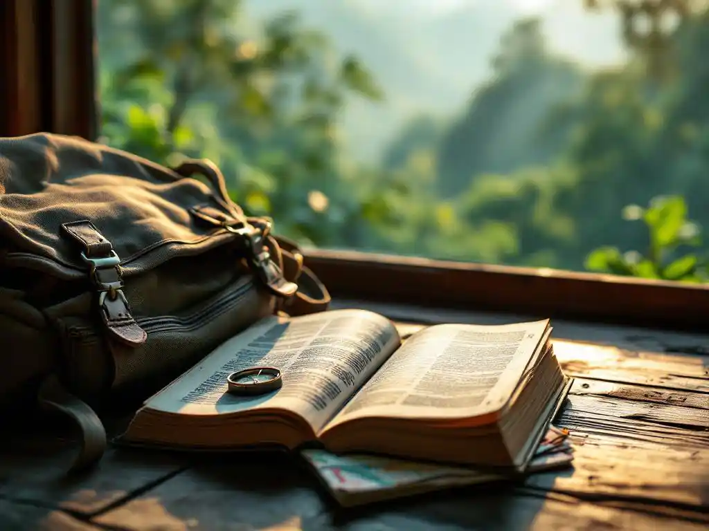 Open reisgids op houten tafel naast rugzak, kompas en kaart, met Costa Ricaans regenwoud op achtergrond in ochtendlicht