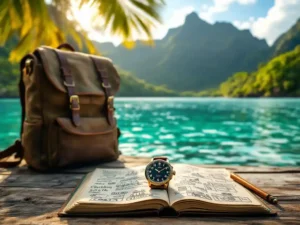 Verweerde reistas op houten steiger met reisdagboek en horloge, turquoise water en tropisch regenwoud op achtergrond