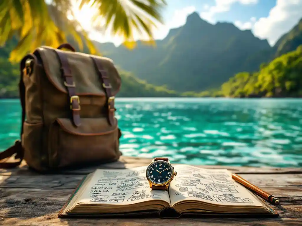 Verweerde reistas op houten steiger met reisdagboek en horloge, turquoise water en tropisch regenwoud op achtergrond