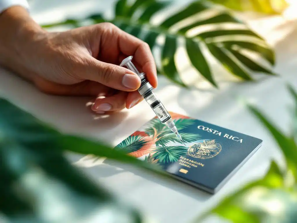 Medische professional houdt vaccin spuit vast naast open Costa Ricaans paspoort op onderzoektafel