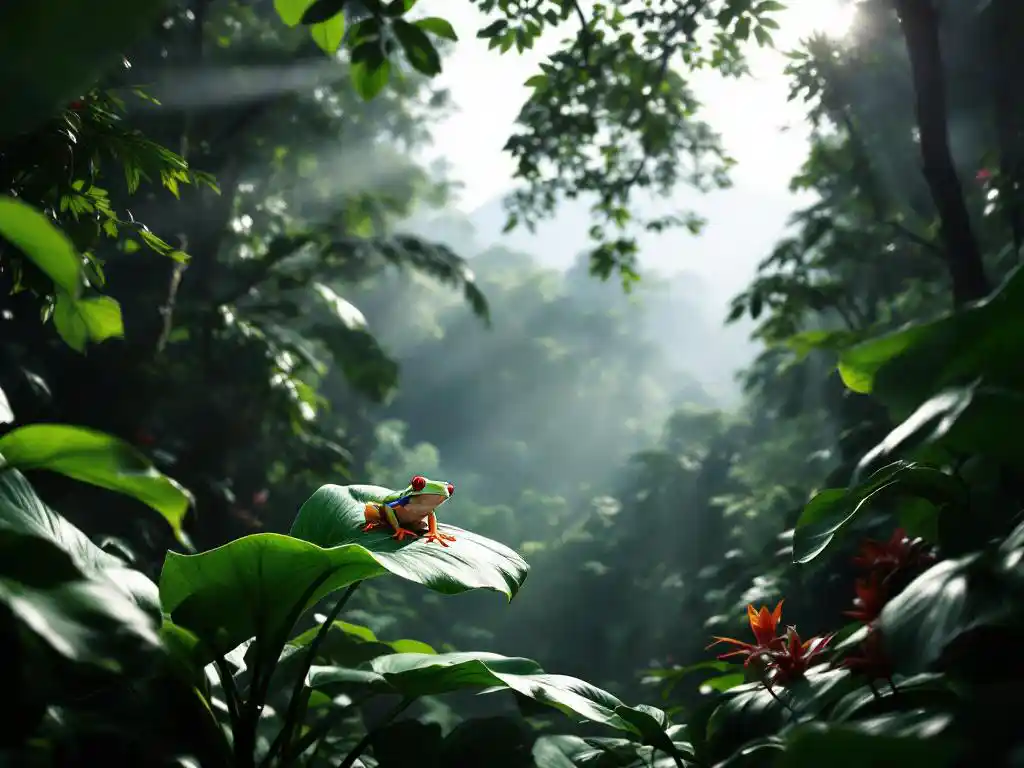 Rode roodoogmakikker op groen blad in tropisch regenwoud Costa Rica met mistige ochtendzon door boomkronen