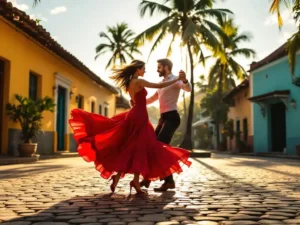 Salsa dansend koppel in Costa Ricaanse koloniale plaza met gele en turquoise gebouwen, vrouw in rode jurk