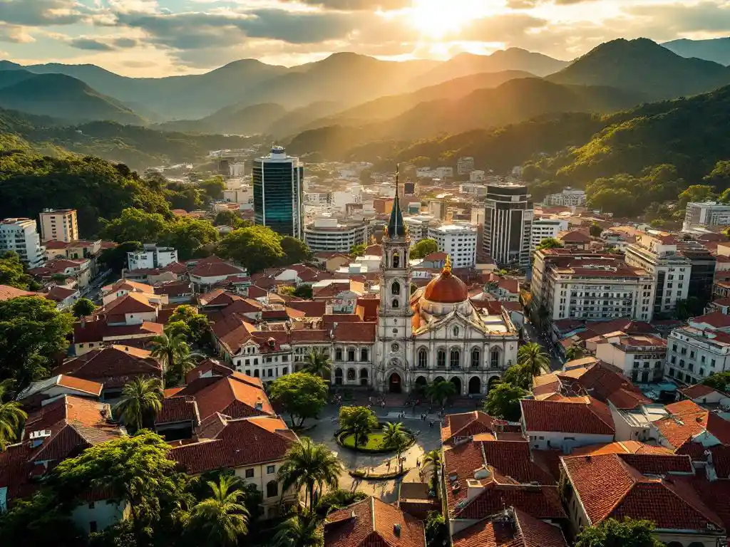 Luchtfoto van San José, Costa Rica met koloniale daken, moderne gebouwen en groene bergen op de achtergrond