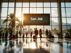 Vertrekbord met "San José" in moderne luchthaven terminal, reizigers met bagage, Costa Ricaanse vlag, tropisch uitzicht