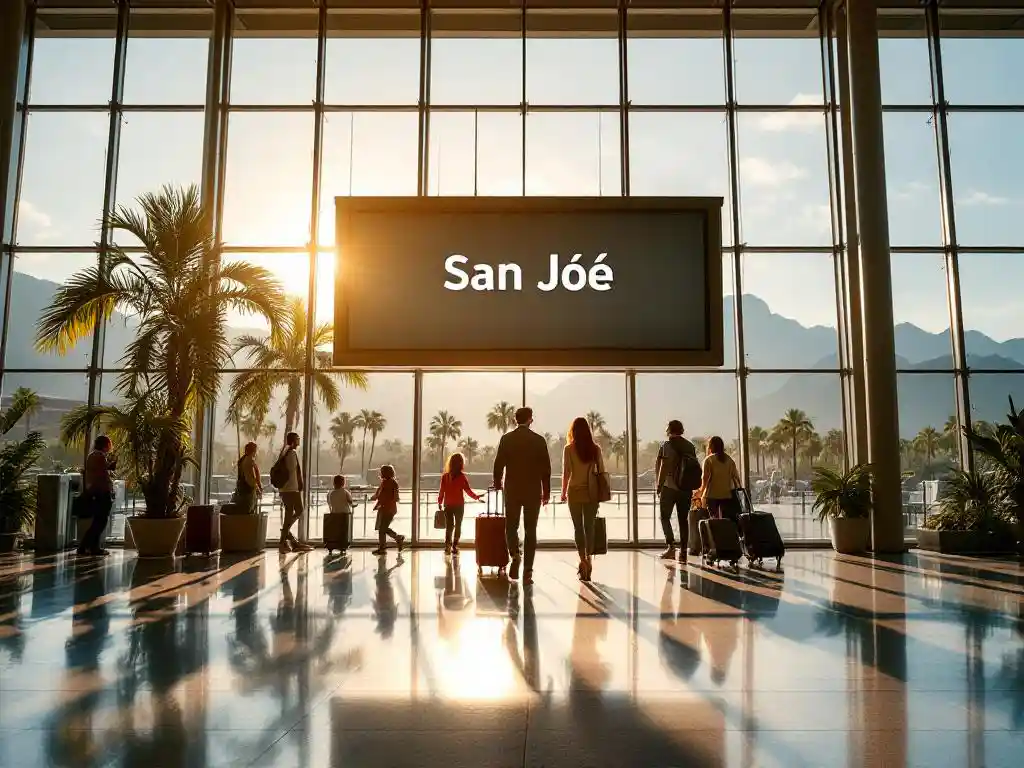 Vertrekbord met "San José" in moderne luchthaven terminal, reizigers met bagage, Costa Ricaanse vlag, tropisch uitzicht