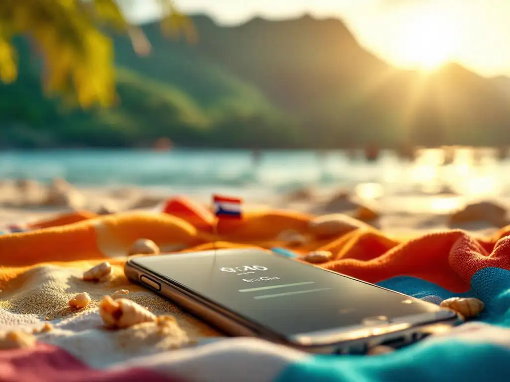 Smartphone met vol signaal op Costaricaanse strandhanddoek, tropisch zand, groene bergen op achtergrond, gouden zonlicht