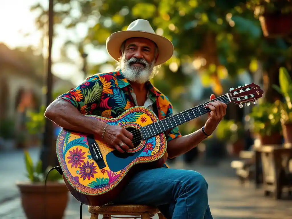 Straatmuzikant bespeelt kleurrijke akoestische gitaar met Costa Ricaanse patronen op Plaza San José tijdens gouden uur