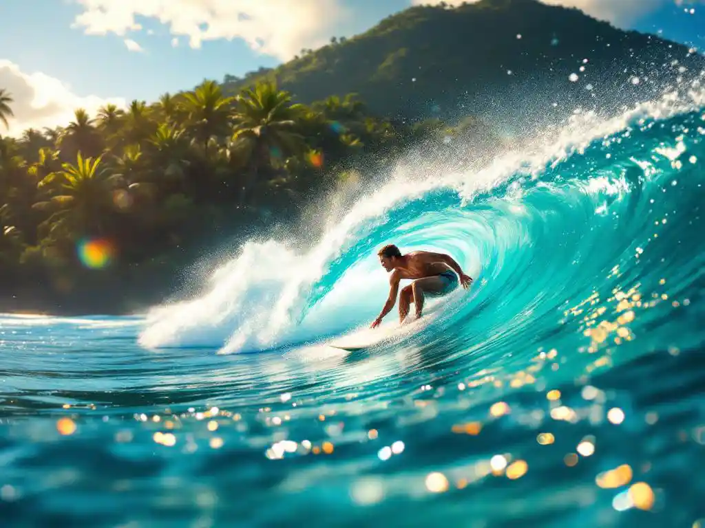 Surfer rijdt op turkooizen golf voor Costa Ricaanse regenwoudkust tijdens gouden uur met waterdruppels en regenboogprisma's