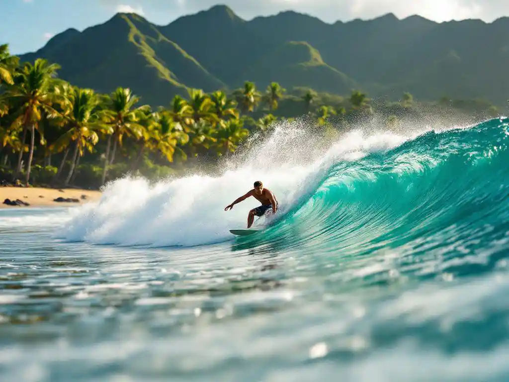 Surfer rijdt op turquoise golf voor Costa Rica strand met palmbomen en jungle bergen op achtergrond