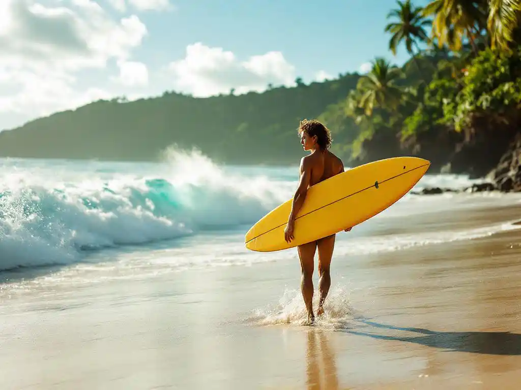 Professionele surfer met gele surfplank loopt over wit strand, turquoise golven en Costa Ricaans regenwoud op achtergrond