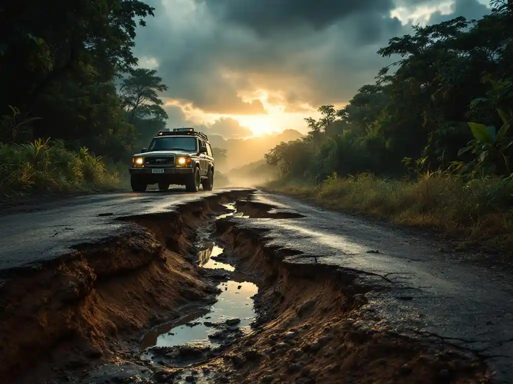 SUV rijdt over beschadigde onverharde weg met kuilen door Costa Ricaans regenwoud onder donkere stormwolken