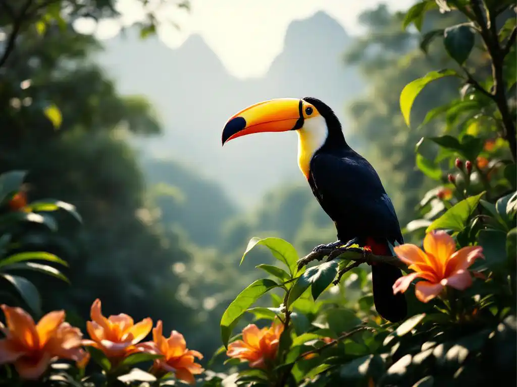 Kleurrijke toekan met gele snavel op groene tak in Costa Ricaans regenwoud met tropische bloemen