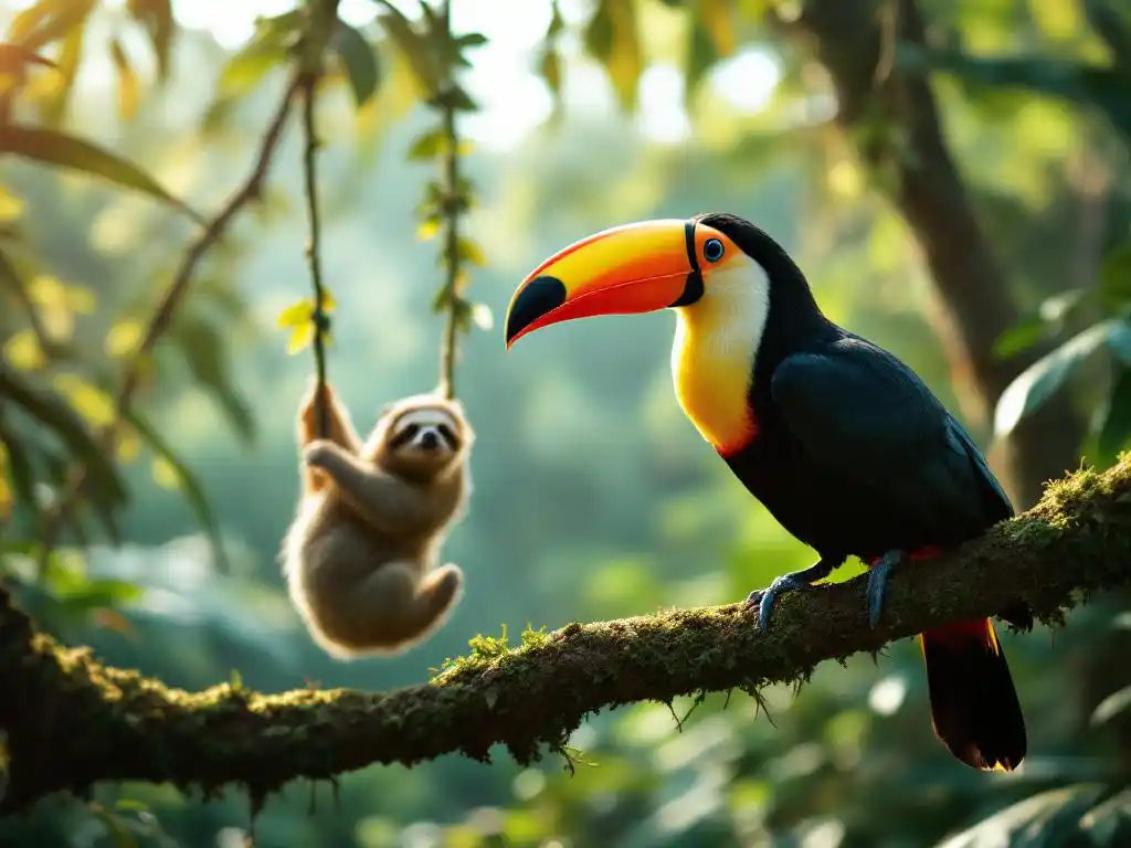 Kleurrijke toekan met oranje-gele snavel op tak, luiaard hangend aan lianen in Costa Ricaanse regenwoud met zonlicht