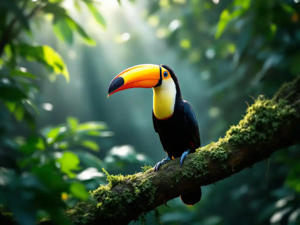 Kleurrijke toekan met gele snavel op mostak in Costa Ricaans regenwoud, groene bladerdak op achtergrond