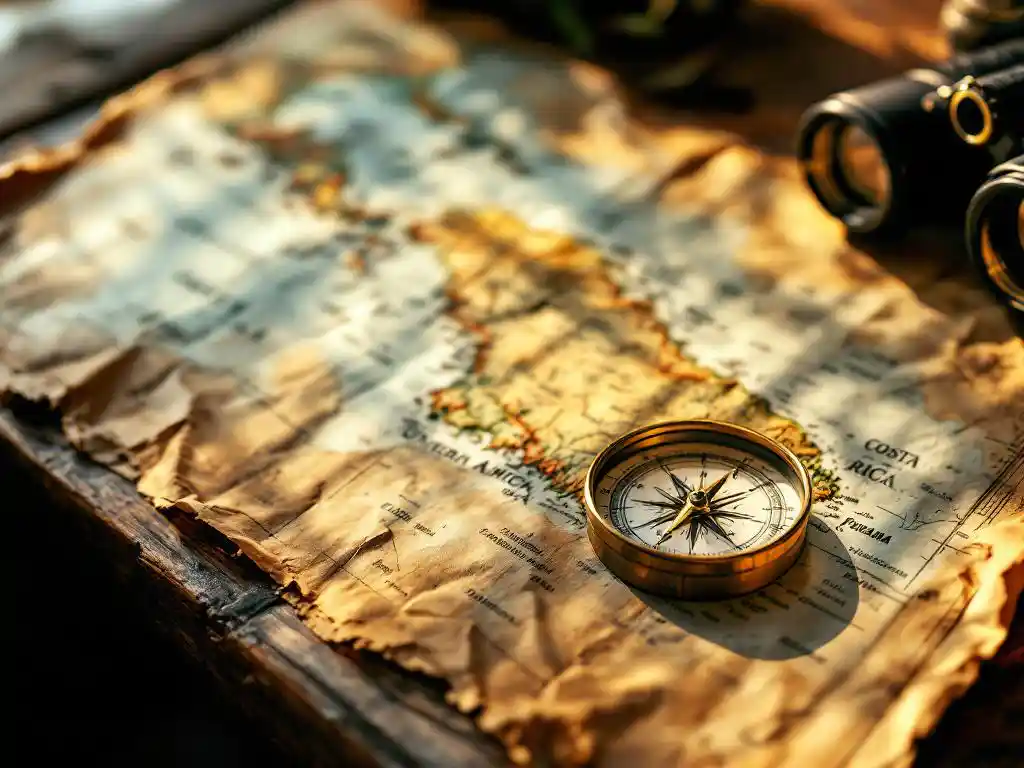Vintage kompas op topografische kaart van Midden-Amerika met verrekijker, gouden zonlicht door raam op houten tafel
