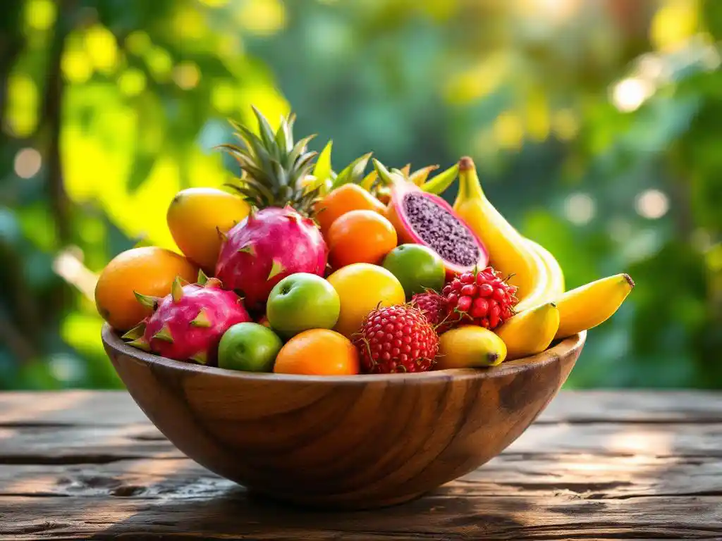 Houten fruitschaal vol Costa Ricaanse tropische vruchten zoals mango's, drakenfruit en papaja's op rustieke tafel