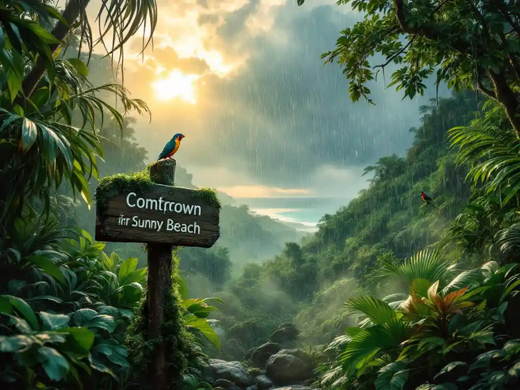 Tropisch regenwoud met regendruppels door groene bladeren, houten wegwijzer naar strand, exotische vogels op takken