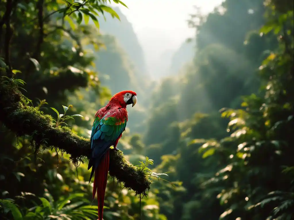 Rode ara zit op bemoste tak in weelderig regenwoud met zonnestralen door groene bladerdek