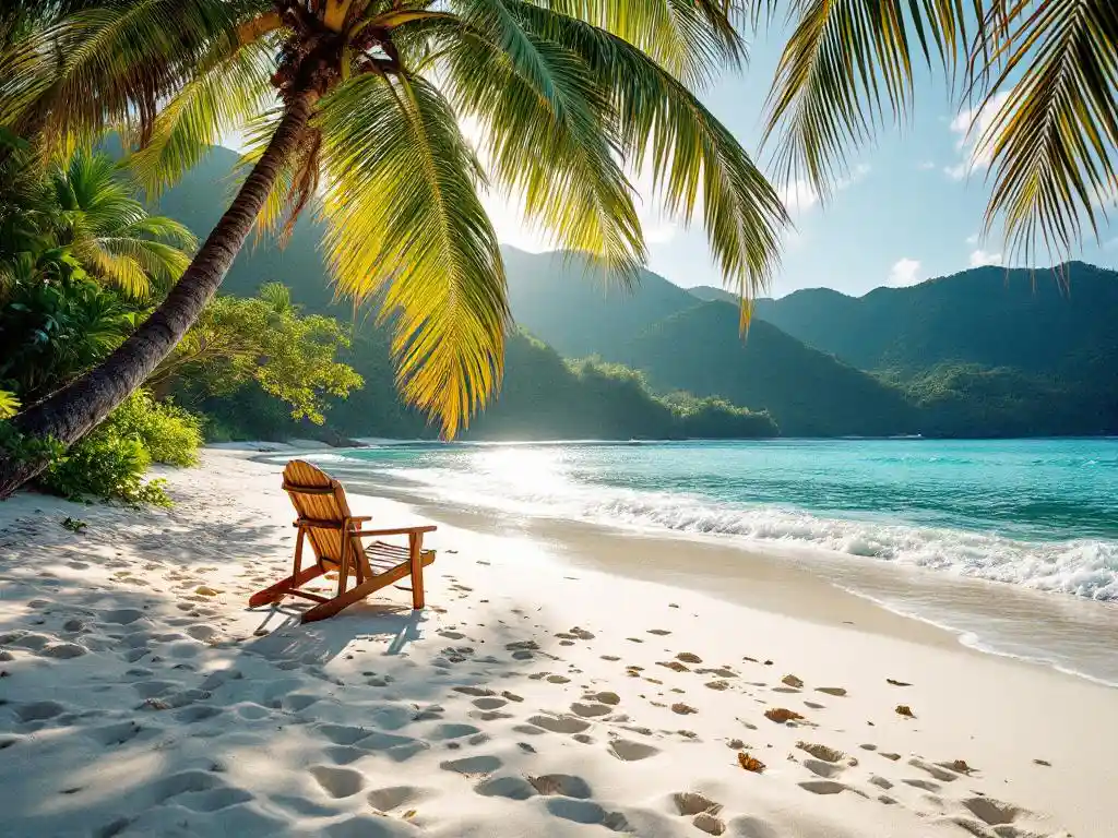 Houten strandstoel onder palmboom op tropisch strand met wit zand, turquoise water en groene heuvels op achtergrond