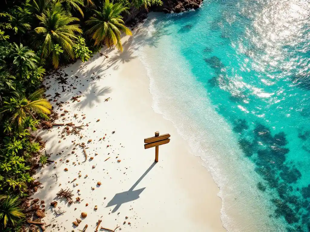 Tropisch strand met turkooisblauw water, wit zand, zeeschelpen en houten wegwijzer omringd door regenwoudvegetatie