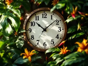 Analoge wandklok omringd door weelderige Costa Ricaanse regenwoud vegetatie met monstera bladeren en exotische bloemen