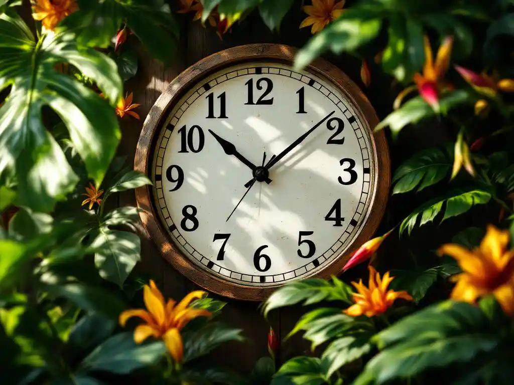 Analoge wandklok omringd door weelderige Costa Ricaanse regenwoud vegetatie met monstera bladeren en exotische bloemen