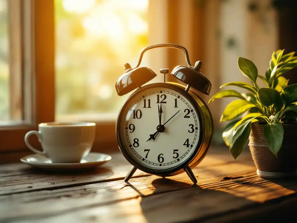 Vintage analoge klok toont 18:00 op rustieke houten tafel naast Costaricaanse koffiemok en tropische plant in gouden licht