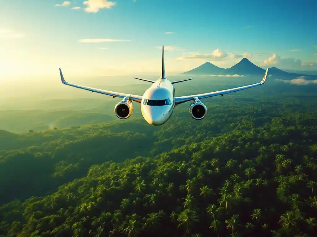 Commercieel vliegtuig vliegt boven groene Costa Ricaanse regenwoud met vulkanen op de achtergrond in gouden zonlicht