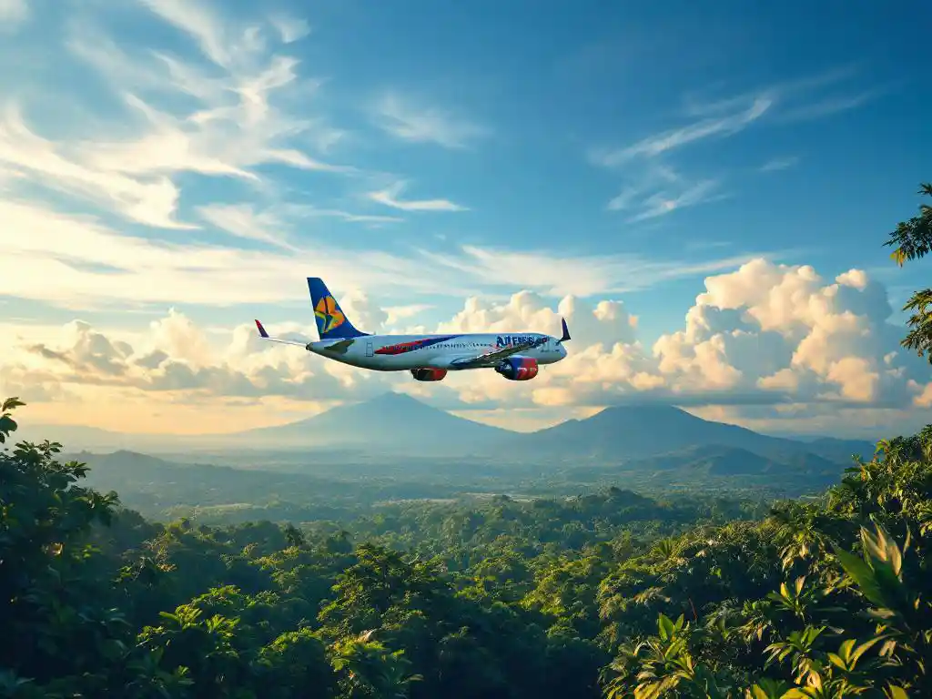 Commercieel vliegtuig vliegt boven groene regenwoud van Costa Rica met vulkanische bergen op achtergrond