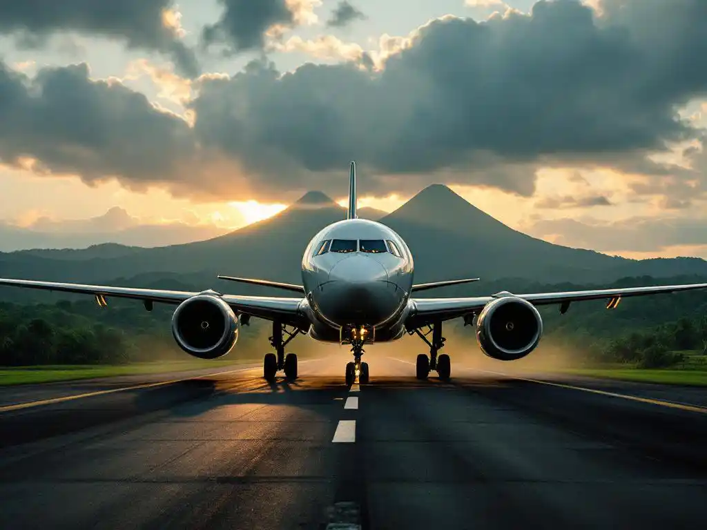 Commercieel vliegtuig landt op tropische landingsbaan omringd door Costa Ricaans regenwoud bij gouden zonsondergang