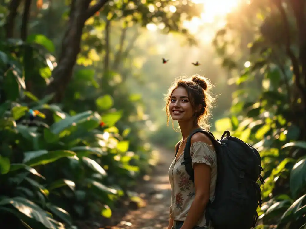 Vrouwelijke reiziger met rugzak wandelt door weelderig Costa Ricaans regenwoud met toekan en vlinders in bladerdak