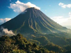 Actieve vulkaan met stoom uit krater, omgeven door tropisch regenwoud en wandelpad naar top in Costa Rica