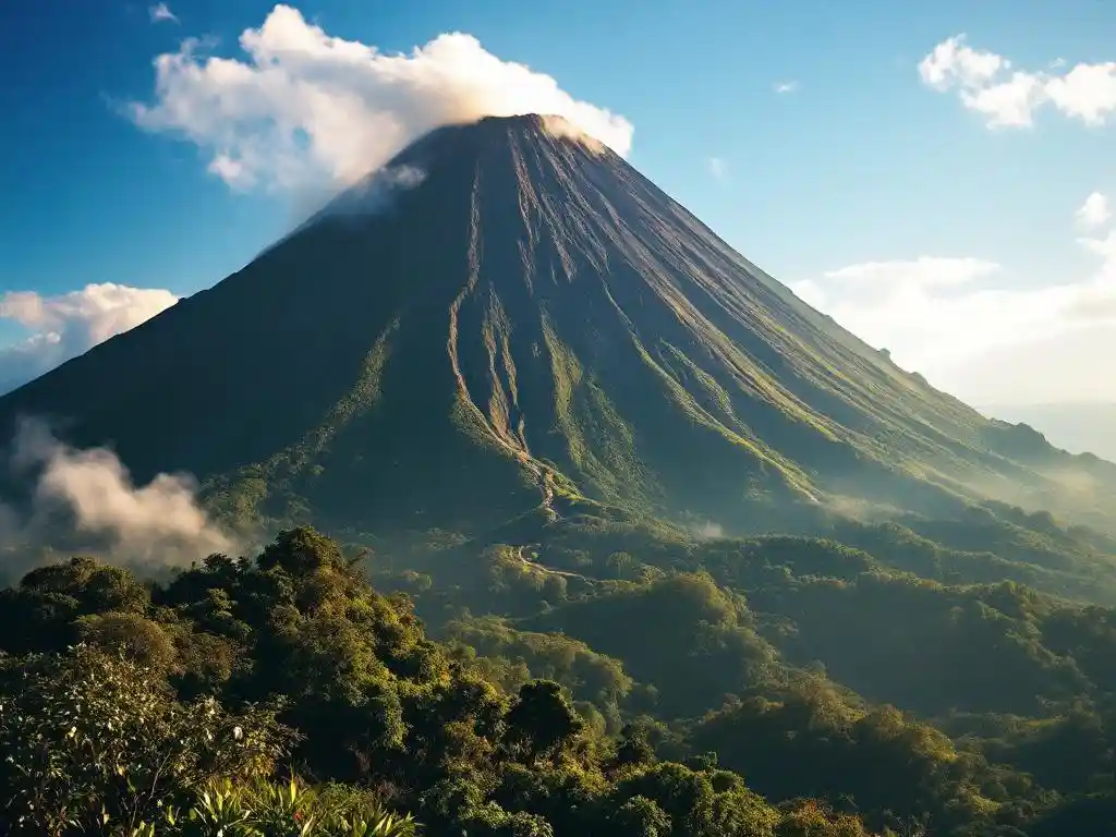 Actieve vulkaan met stoom uit krater, omgeven door tropisch regenwoud en wandelpad naar top in Costa Rica