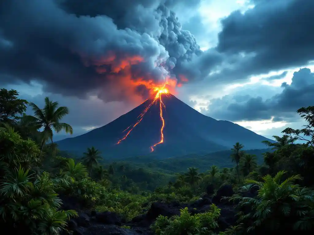 Mount Arenal vulkaan in Costa Rica spuwt gloeiende lava en as boven weelderig tropisch regenwoud landschap