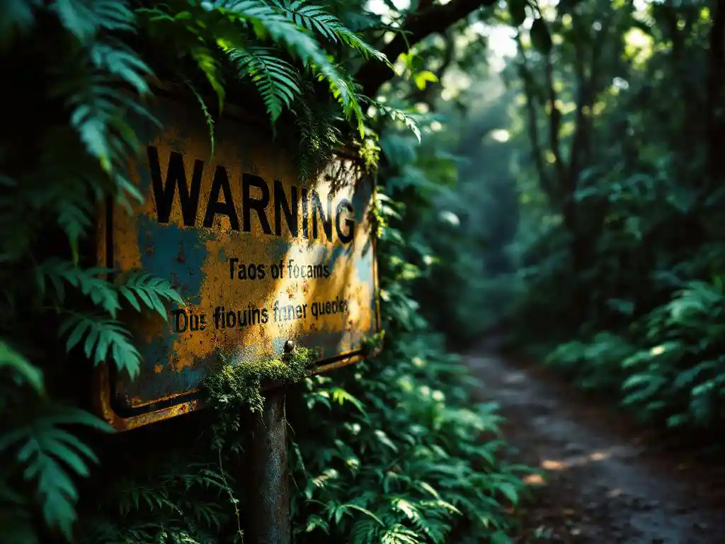 Verweerd waarschuwingsbord overgroeid door tropisch regenwoudvegetatie met smal pad dat verdwijnt in jungle