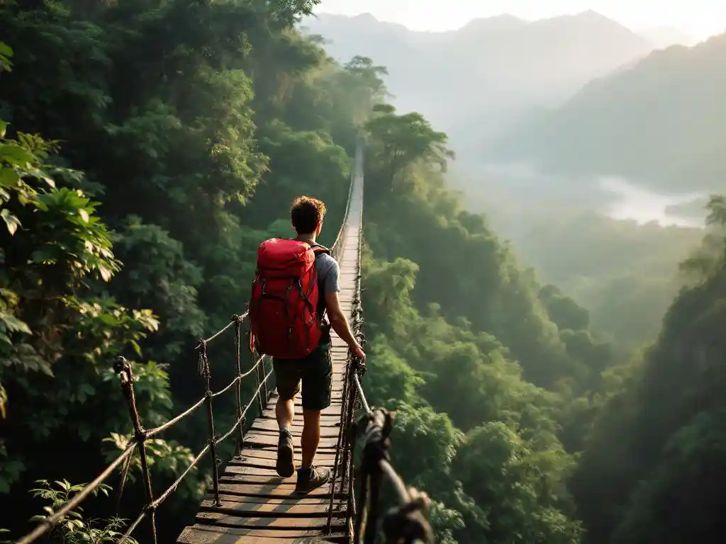 Wandelaar met rode rugzak op houten hangbrug door mistig Costa Ricaans regenwoud met vulkanische pieken op achtergrond