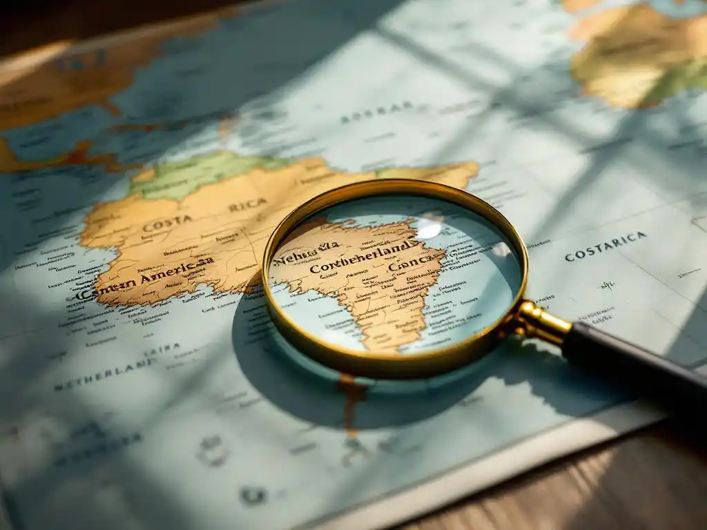 Wereldkaart op houten bureau met vergrootglas gericht op Midden-Amerika, Costa Rica en Nederland gemarkeerd in gouden tinten