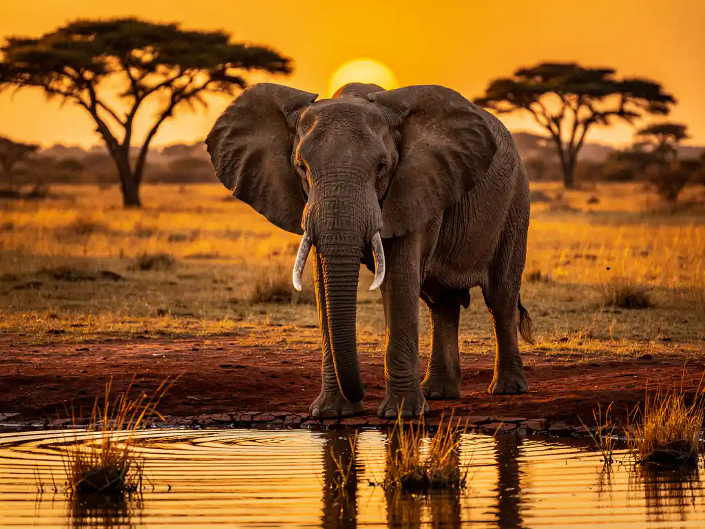 Afrikaanse olifant bij een savannewaterhole tijdens zonsondergang, met acacia's en gouden licht over rood stof.