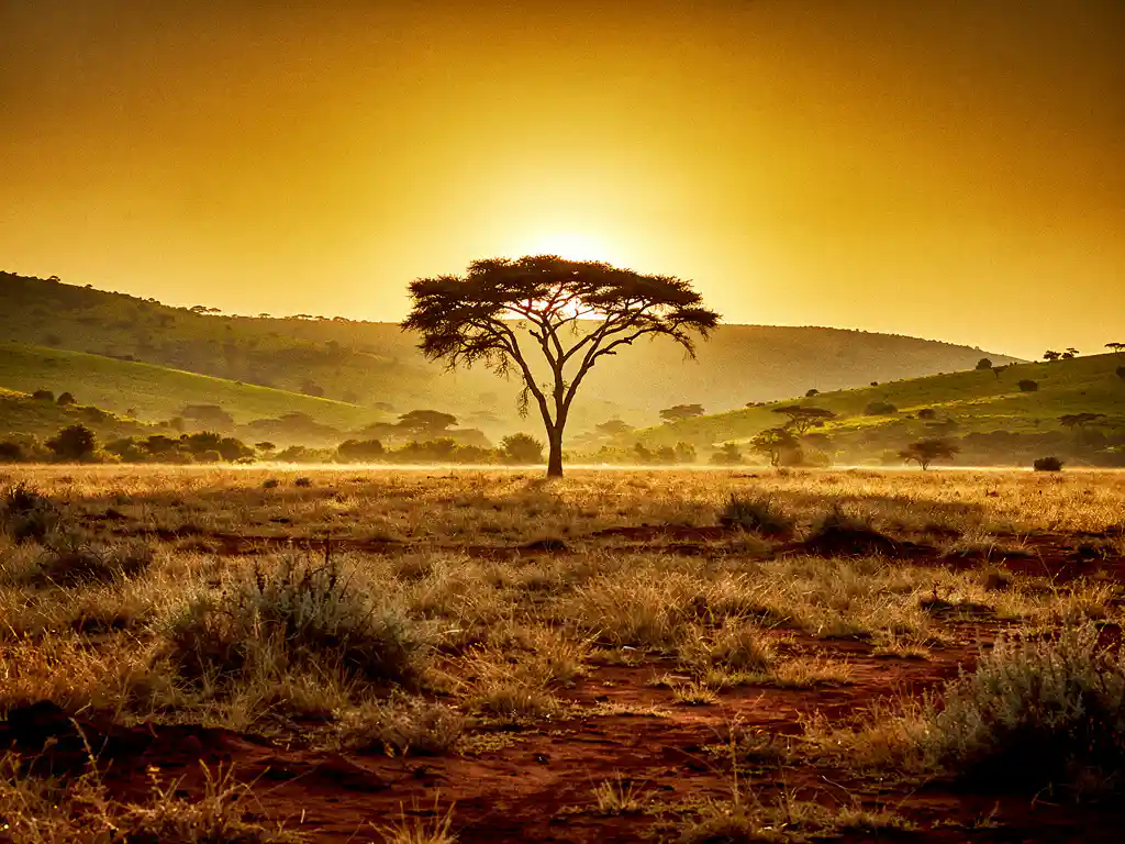 Silhouet van een acacia tegen een amberkleurige lucht tijdens het gouden uur in de Afrikaanse savanne, met groene heuvels op de achtergrond.