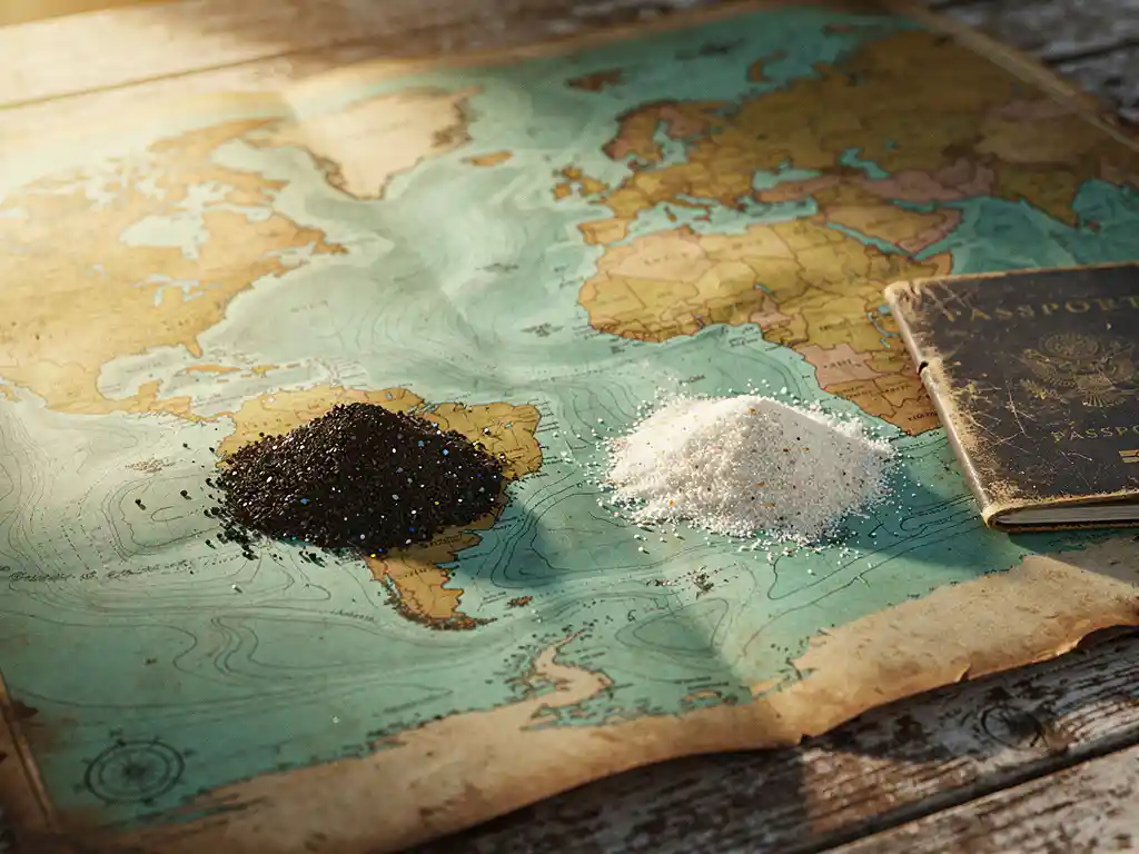 Verouderde vintage kaart van de Atlantische Oceaan met vulkanisch zwart zand, wit koraalzand en een versleten paspoort in gouden middaglicht.