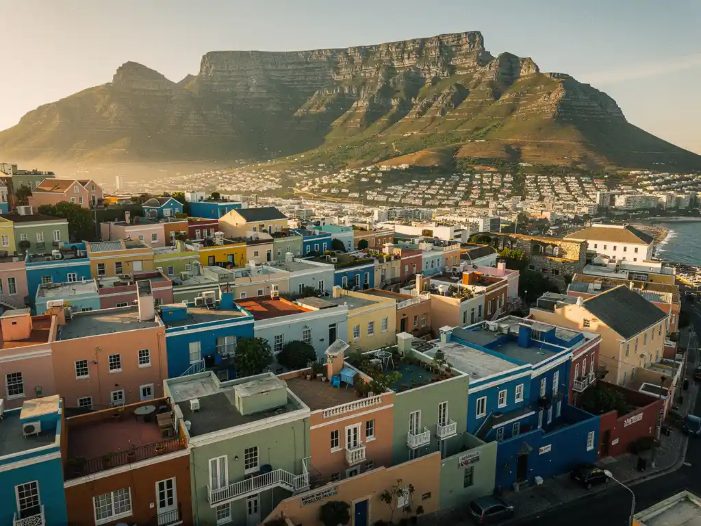 Kleurrijke pastelhuizen in Bo-Kaap, Kaapstad, met Tafelberg op de achtergrond in het gouden avondlicht.