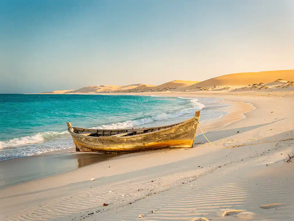 Verlaten zandstrand op Boa Vista met turquoise Atlantisch water, een houten visserboot aan de kust en gouden duinen in gouduurlicht.