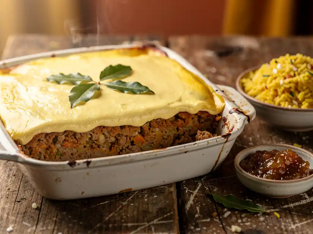 Dampende bobotie uit de oven met goudbruin oppervlak, eiercustard en laurierblaadjes, geserveerd met gele rijst en chutney op een houten tafel.
