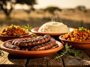 Gegrilde boerewors, pap en chakalaka in kleikommen op een rustieke houten tafel tijdens een traditionele Zuid-Afrikaanse braai.