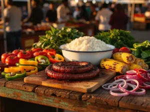 Gegrilde boerewors, pap en verse groenten op een rustieke houten tafel bij een buitenmarkt in Zuid-Afrika.