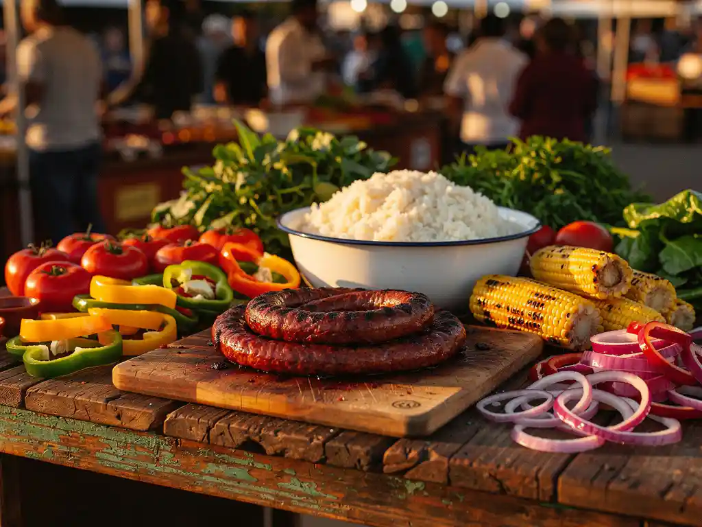 Gegrilde boerewors, pap en verse groenten op een rustieke houten tafel bij een buitenmarkt in Zuid-Afrika.
