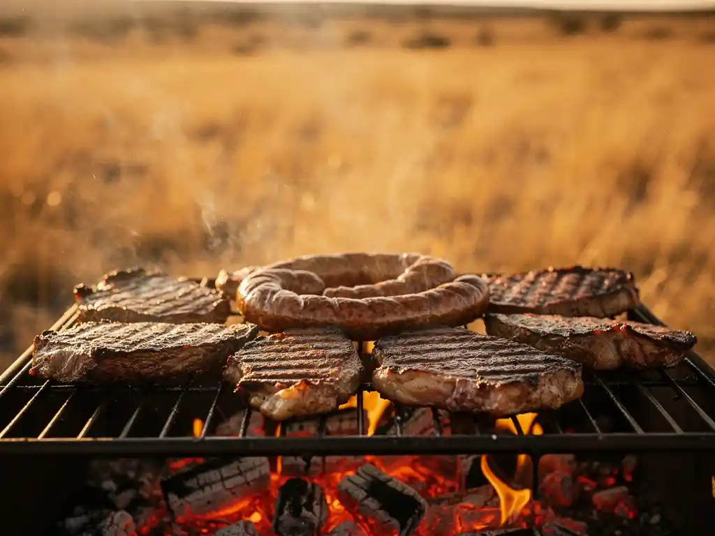 Sizzlende South African braai met boerewors en dikke stukken vlees op een ijzeren rooster boven gloeiende houtskool, savannegras op de achtergrond.