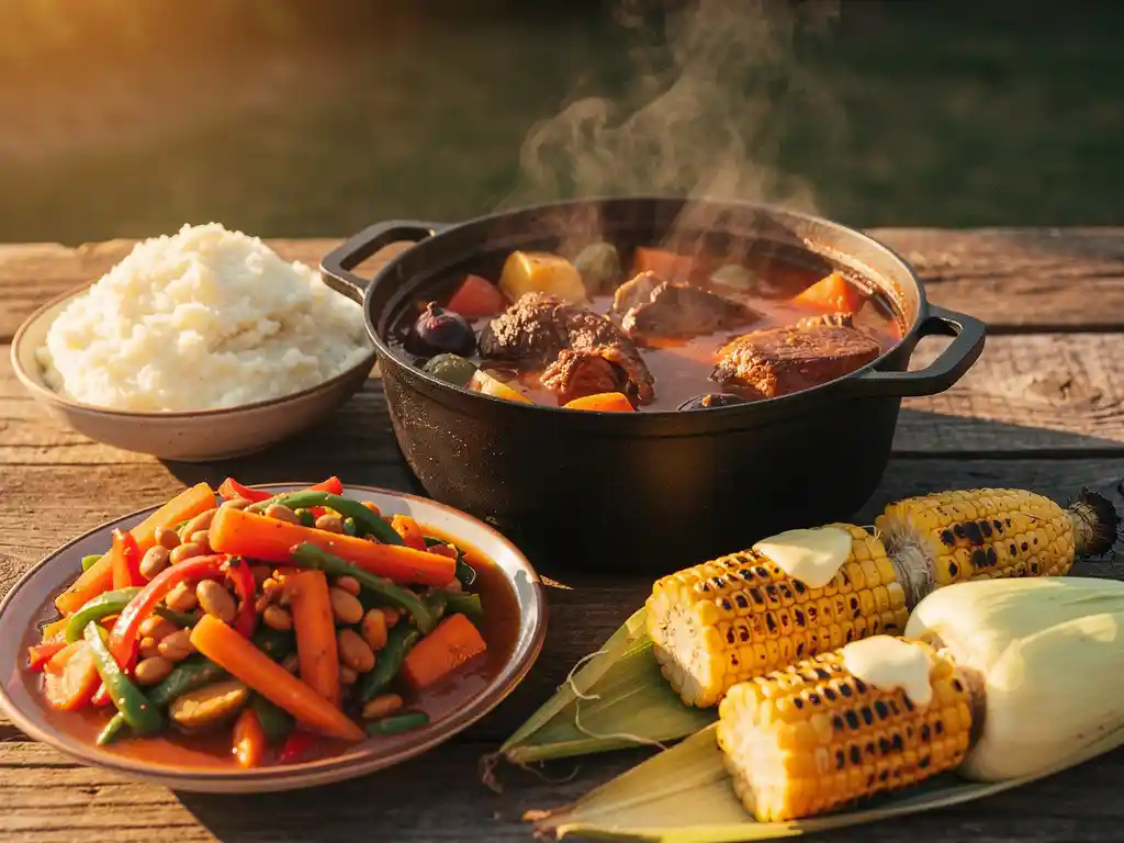 Dampende gietijzeren pot met Zuid-Afrikaanse braai-stoofpot, omringd door chakalaka, pap en gegrilde maïs op een rustieke houten tafel.